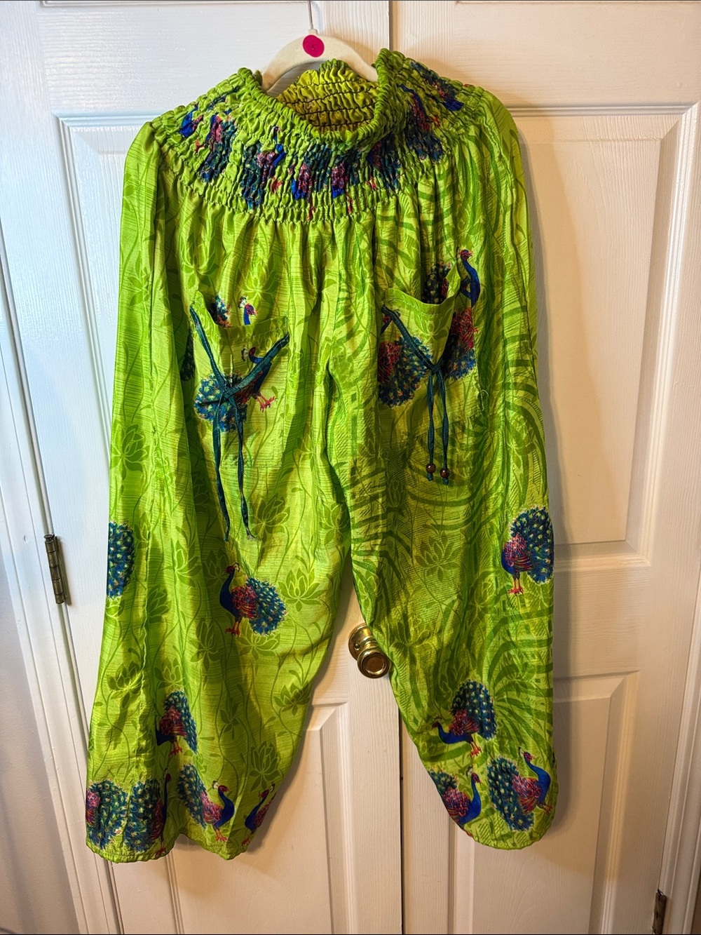 Vibrant Lime Green Peacock Print Harem Pants 100% Silk OS